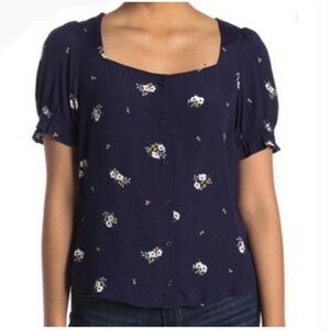 NWT Elodie Navy Blue Floral Puff Sleeve Button Front Blouse Anthropologie